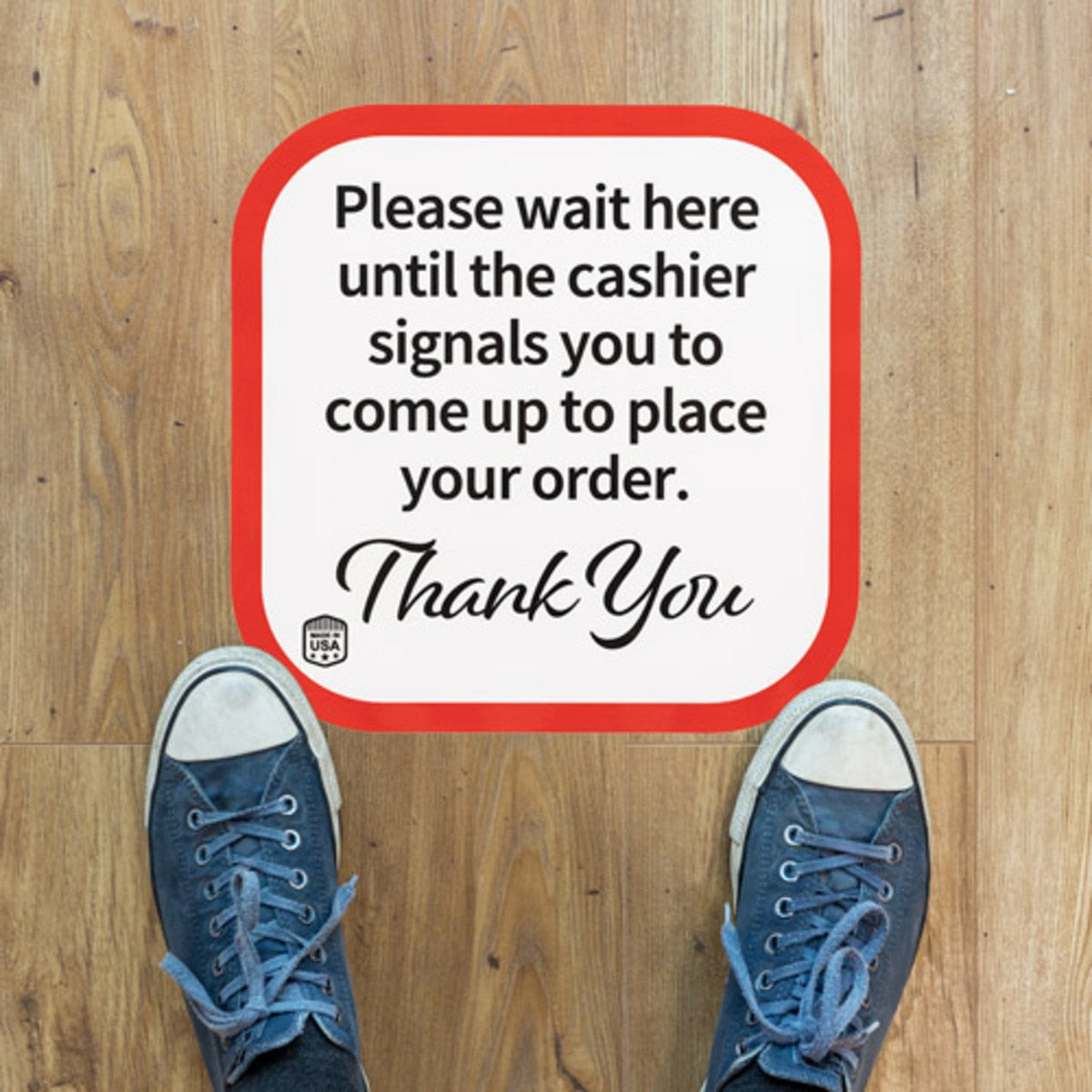 Please Wait Here for Cashier Floor Stickers - Square, 10 inch x 10 inch