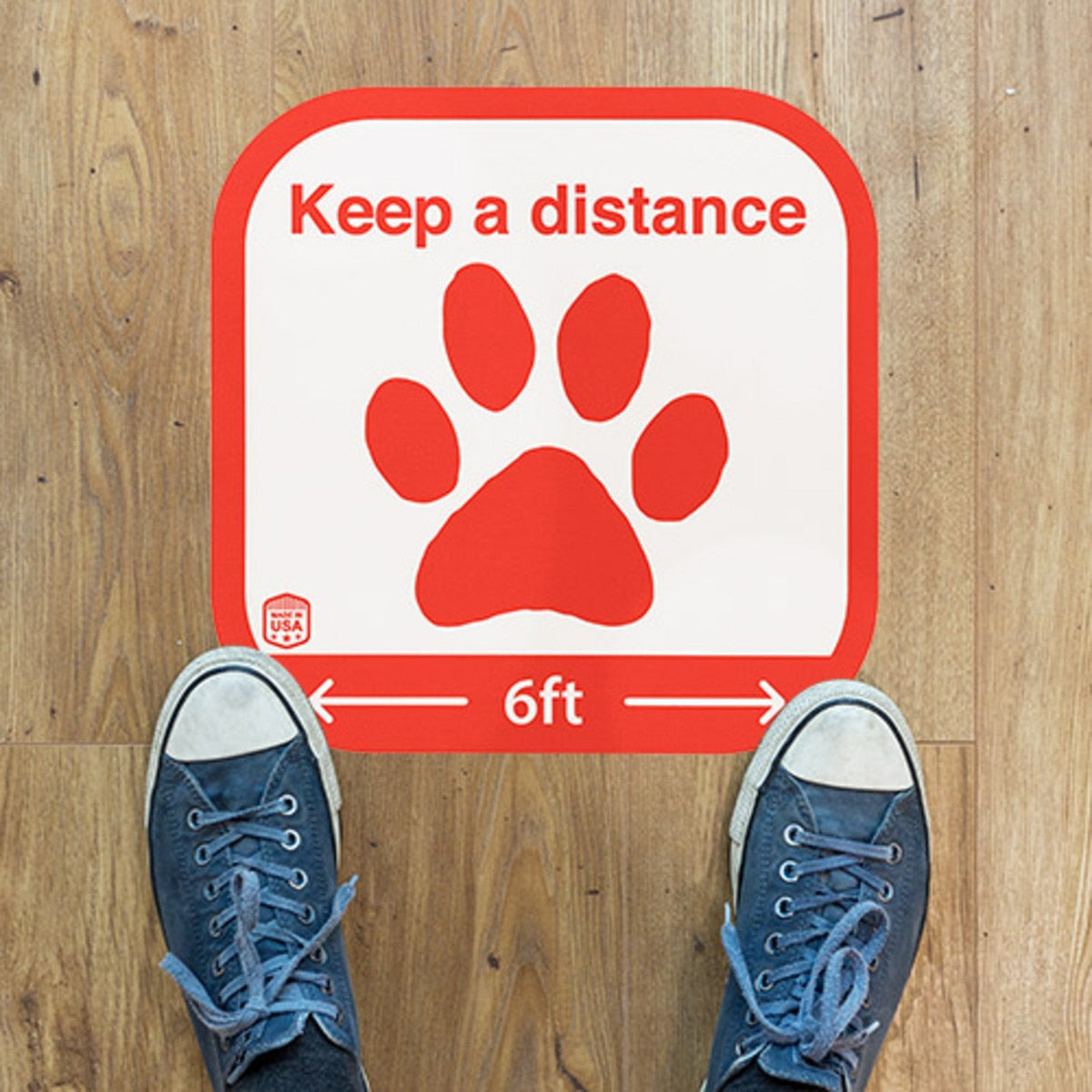 Keep a 6 Foot Distance Floor Stickers - with Dog Paw - Square, 12 inch x 12 inch
